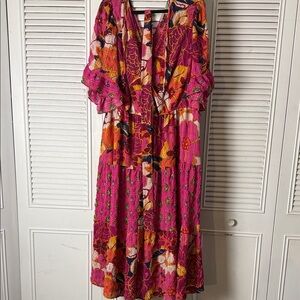 Elegant Floral Long Sleeve Dress in Pink and Orange